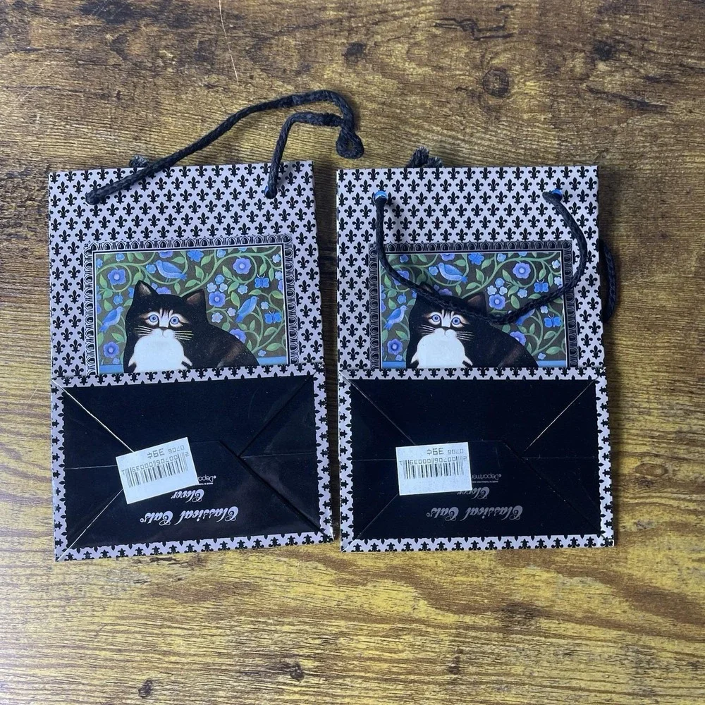 Vtg Lot Of 2 Department 56 Clover Cat Small Gift Bags 4.5